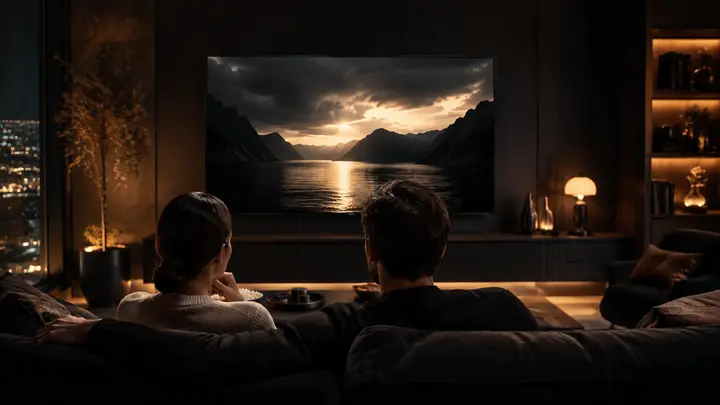Couple regardant un film sur une télévision dans un salon