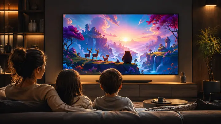 Famille regardant un programme jeunesse sur une télévision