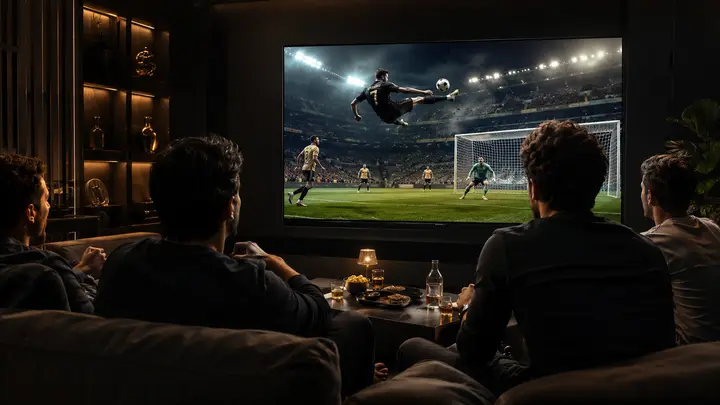 Amis regardant un match de football en direct sur une télévision
